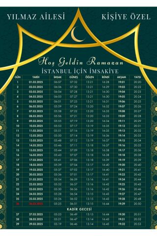 Ramazan İmsakiyesi Modern Kişiye Özel Tasarımlı Dijital Baskı 50 Adet A4 300 gr Model 27