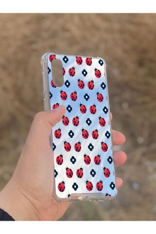 Samsung Galaxy A02 Uyumlu Aynalı Uğur Böceği Desenli Darbe Kamera Korumalı Silikon Telefon Kılıfı