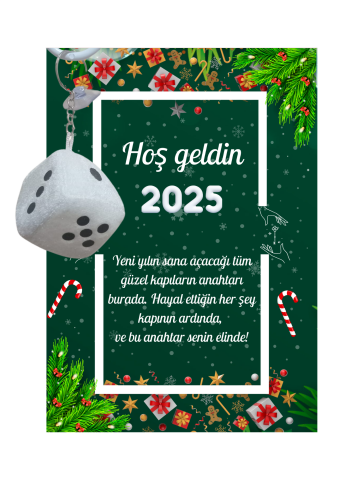 Yeni Yıl Kart Üzerinde Anahtarlık (Kişiye Özel Yazı Yazdırılabilir) Zar Model