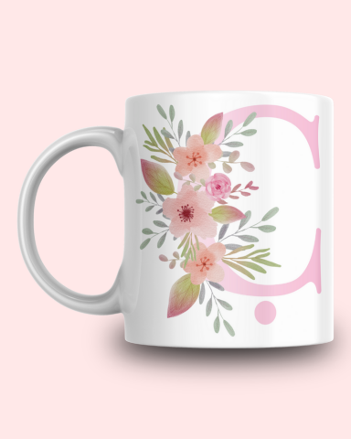 Pembe Çiçek Desenli Ç Harfli Kupa