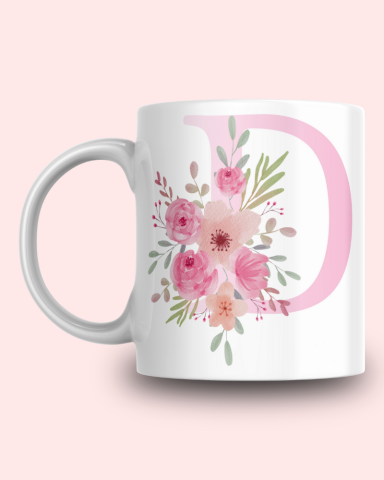 Pembe Çiçek Desenli D Harfli Kupa