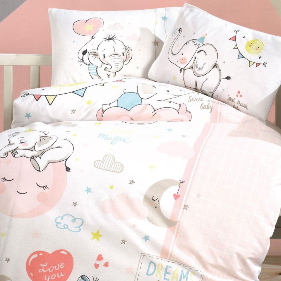 Ranforce 100% Pamuk Bebek Nevresim Takımı Sweet Dreams Pudra V1