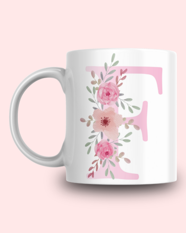 Pembe Çiçek Desenli F Harfli Kupa