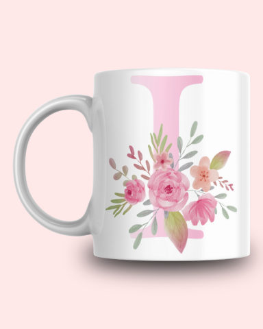 Pembe Çiçek Desenli I Harfli Kupa