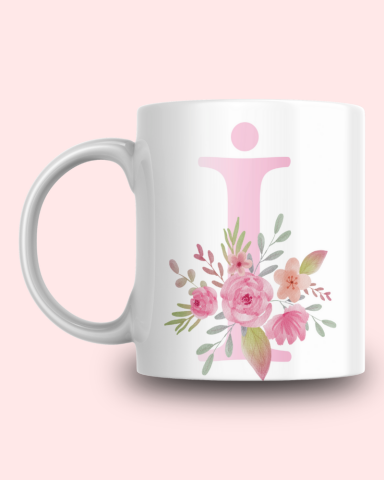 Pembe Çiçek Desenli İ Harfli Kupa