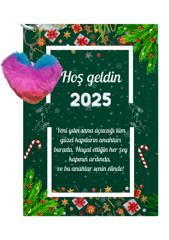 Yeni Yıl Kart Üzerinde Anahtarlık (Kişiye Özel Yazı Yazdırılabilir) Renkli Kalp