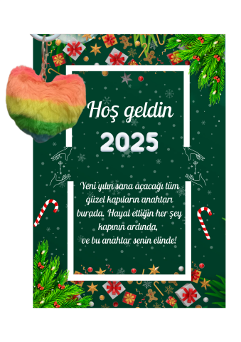 Yeni Yıl Kart Üzerinde Anahtarlık (Kişiye Özel Yazı Yazdırılabilir) Renkli Kalp