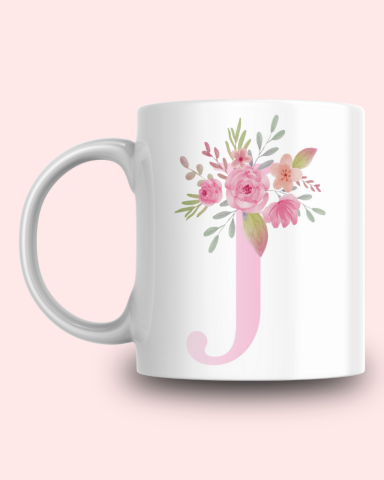 Pembe Çiçek Desenli J Harfli Kupa