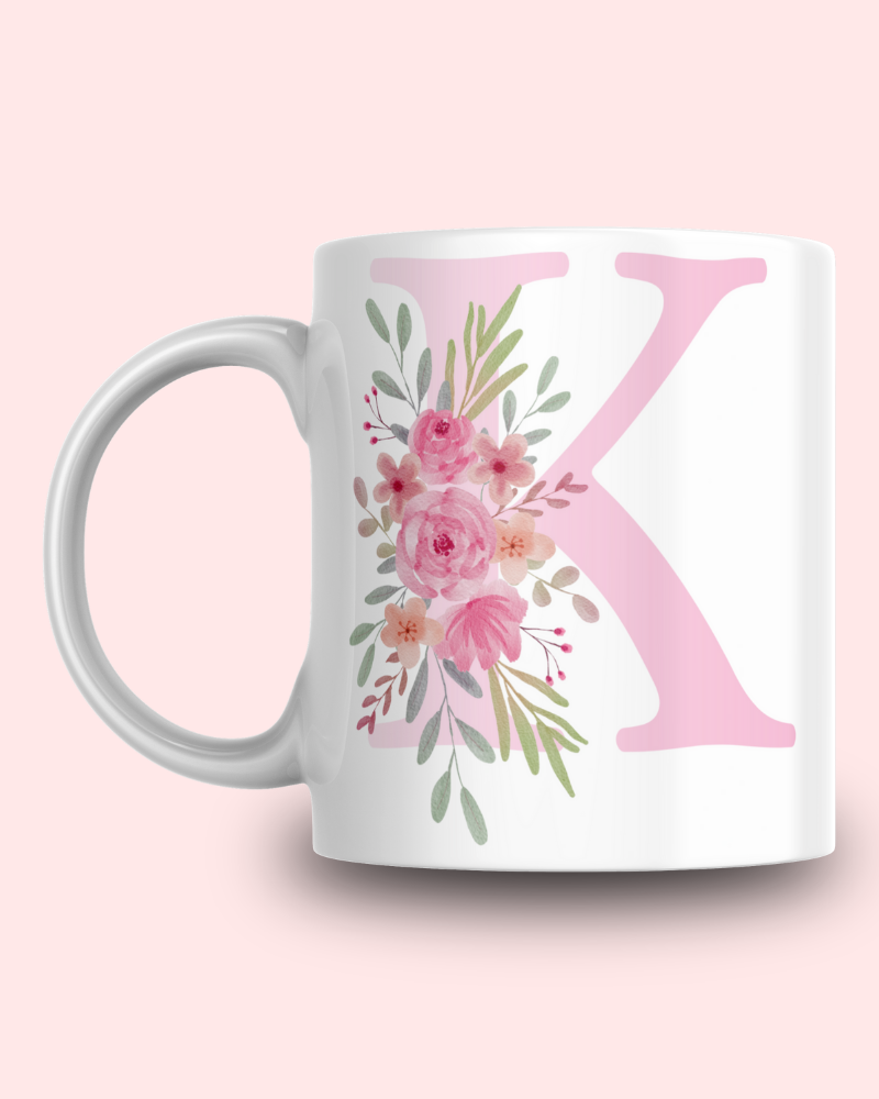 Pembe Çiçek Desenli K Harfli Kupa