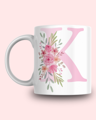 Pembe Çiçek Desenli K Harfli Kupa