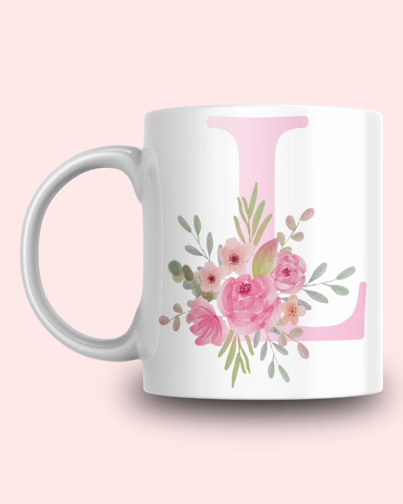 Pembe Çiçek Desenli L Harfli Kupa