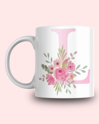 Pembe Çiçek Desenli L Harfli Kupa
