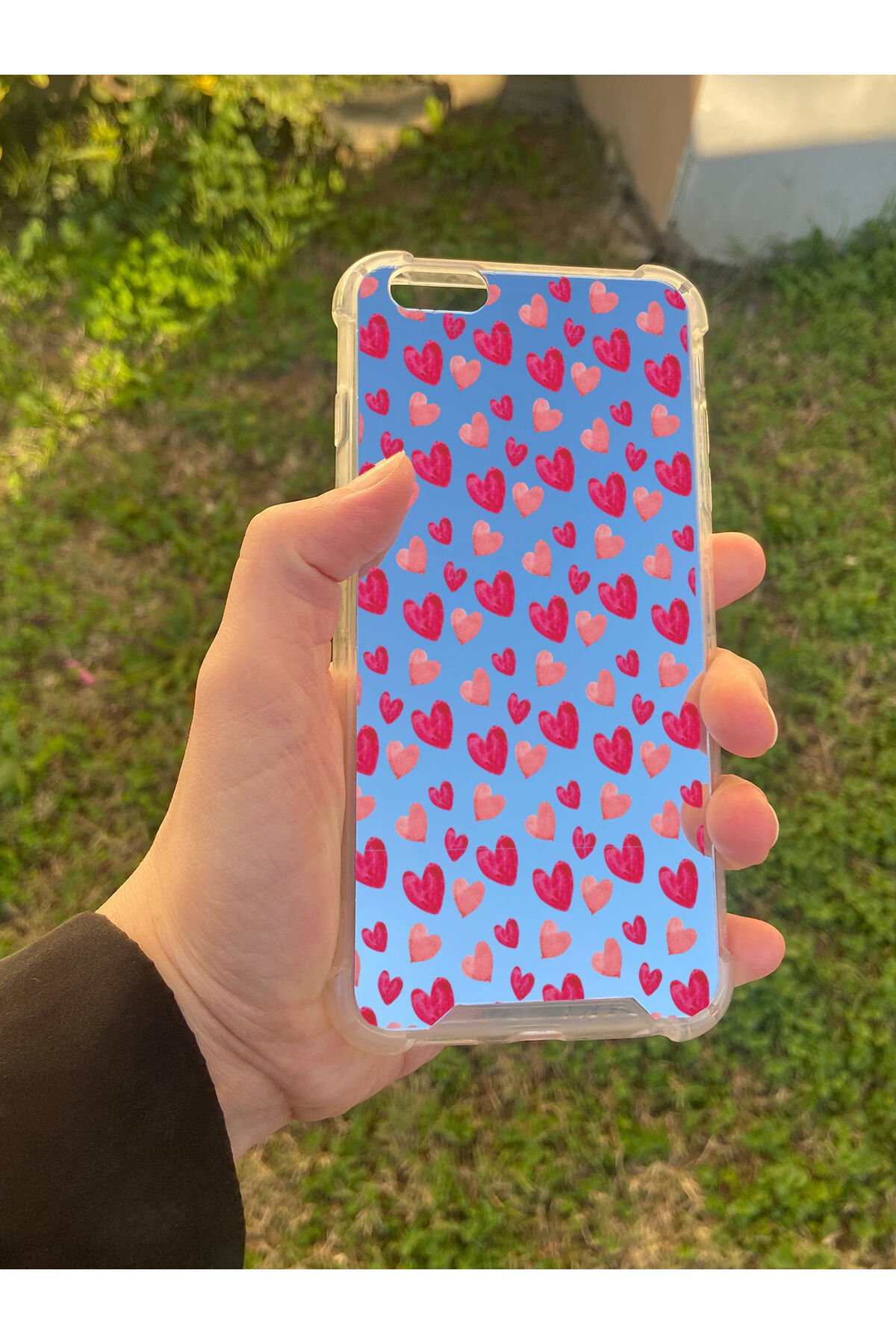 İphone 6S Plus Uyumlu Aynalı Pembe Kalp Desenli Darbe Kamera Korumalı Silikon Telefon Kılıfı