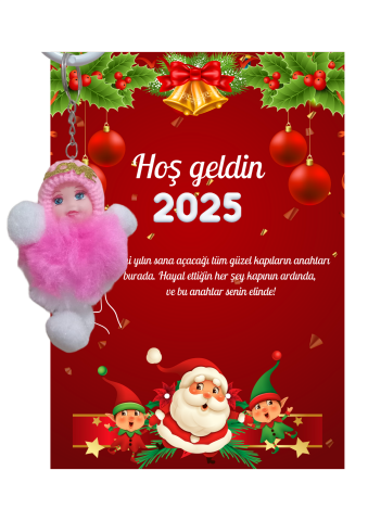 Yeni Yıl Noel Baba Kart Üzerinde Anahtarlık (Kişiye Özel Yazı Yazdırılabilir) Peluş Bebek