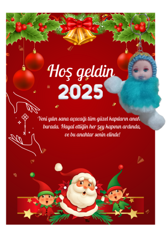 Yeni Yıl Noel Baba Kart Üzerinde Anahtarlık (Kişiye Özel Yazı Yazdırılabilir) Peluş Bebek