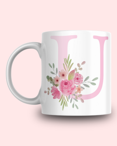 Pembe Çiçek Desenli U Harfli Kupa