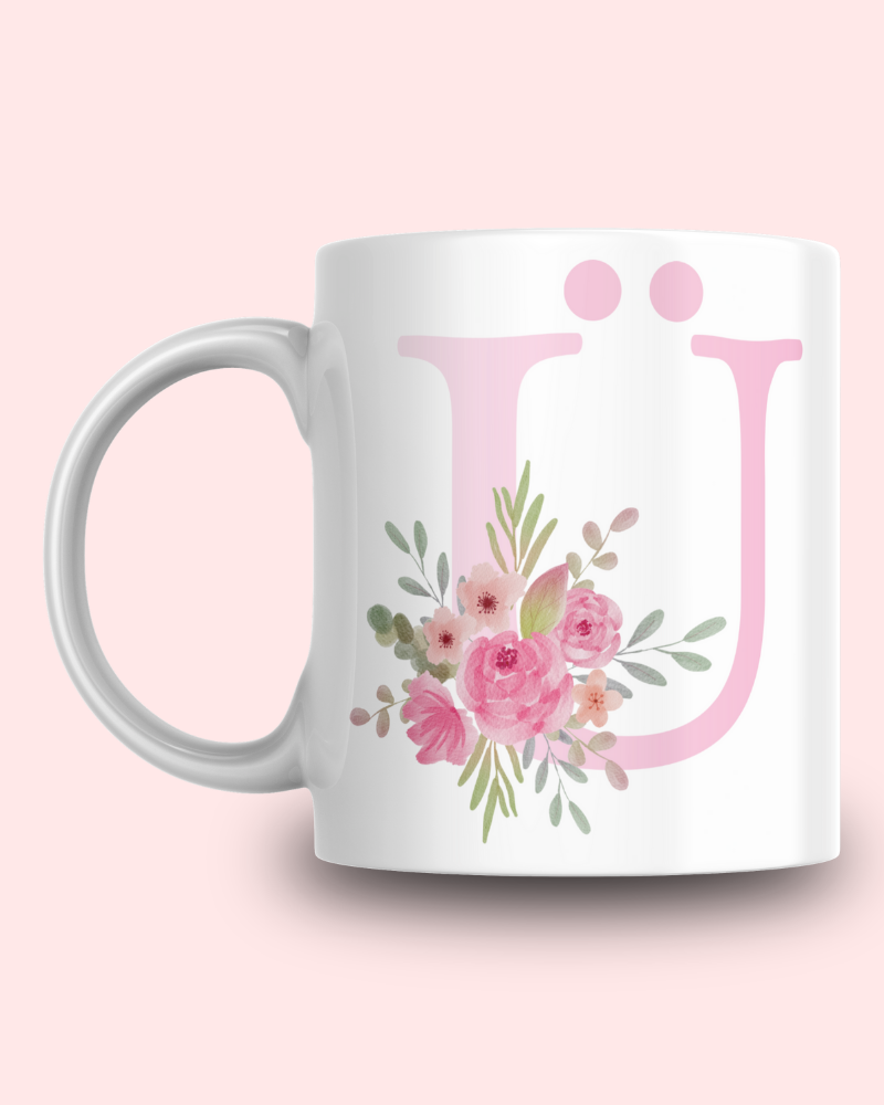 Pembe Çiçek Desenli Ü Harfli Kupa