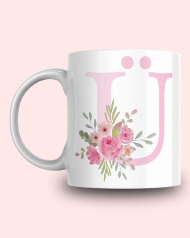 Pembe Çiçek Desenli Ü Harfli Kupa