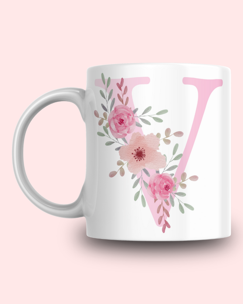 Pembe Çiçek Desenli V Harfli Kupa
