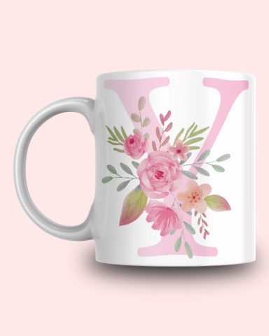 Pembe Çiçek Desenli Y Harfli Kupa