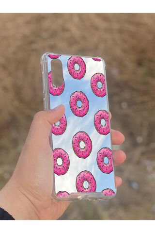 Samsung Galaxy A02 Uyumlu Aynalı Pembe Donut Desenli Darbe Kamera Korumalı Silikon Telefon Kılıfı