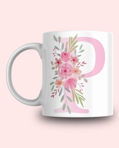 Pembe Çiçek Desenli P Harfli Kupa
