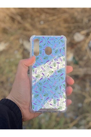 Samsung Galaxy A30 Uyumlu Aynalı Mor Yaprak Desenli Darbe Kamera Korumalı Silikon Telefon Kılıfı