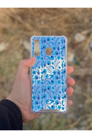 Samsung Galaxy A30 Uyumlu Aynalı Mavi Çiçek Desenli Darbe Kamera Korumalı Silikon Telefon Kılıfı