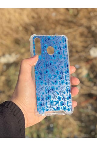 Samsung Galaxy A30 Uyumlu Aynalı Mavi Çiçek Desenli Darbe Kamera Korumalı Silikon Telefon Kılıfı