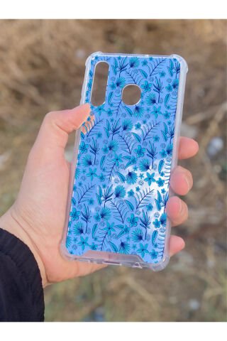 Samsung Galaxy A30 Uyumlu Aynalı Mavi Çiçek Desenli Darbe Kamera Korumalı Silikon Telefon Kılıfı