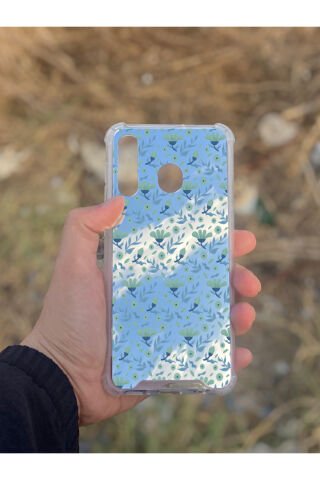 Samsung Galaxy A30 Uyumlu Aynalı Mor Çiçek Desenli Darbe Kamera Korumalı Silikon Telefon Kılıfı