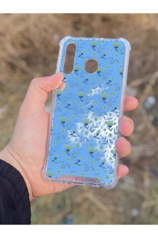 Samsung Galaxy A30 Uyumlu Aynalı Mor Çiçek Desenli Darbe Kamera Korumalı Silikon Telefon Kılıfı