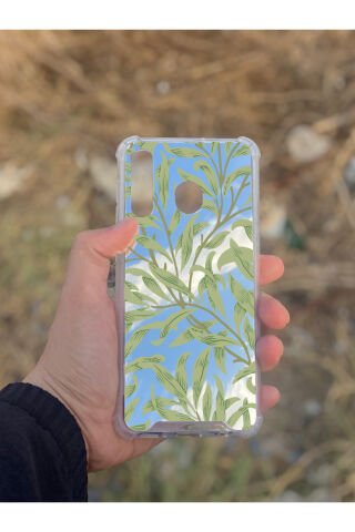 Samsung Galaxy A30 Uyumlu Aynalı Yeşil Yaprak Desenli Darbe Kamera Korumalı Silikon Telefon Kılıfı