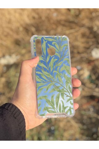 Samsung Galaxy A30 Uyumlu Aynalı Yeşil Yaprak Desenli Darbe Kamera Korumalı Silikon Telefon Kılıfı
