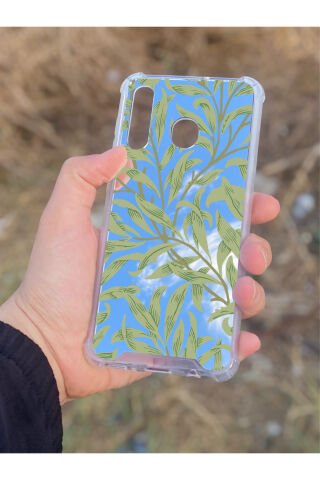 Samsung Galaxy A30 Uyumlu Aynalı Yeşil Yaprak Desenli Darbe Kamera Korumalı Silikon Telefon Kılıfı