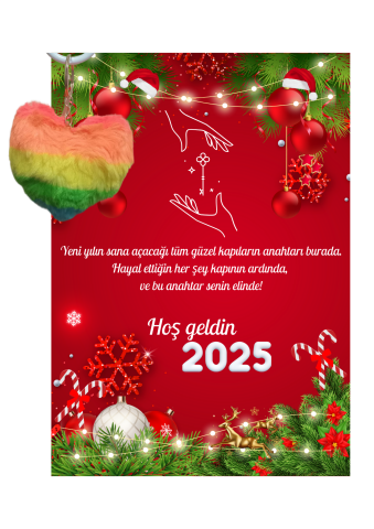 Yeni Yıl Geyik Kart Üzerinde Anahtarlık (Kişiye Özel Yazı Yazdırılabilir) Renkli Kalp 5 Adet