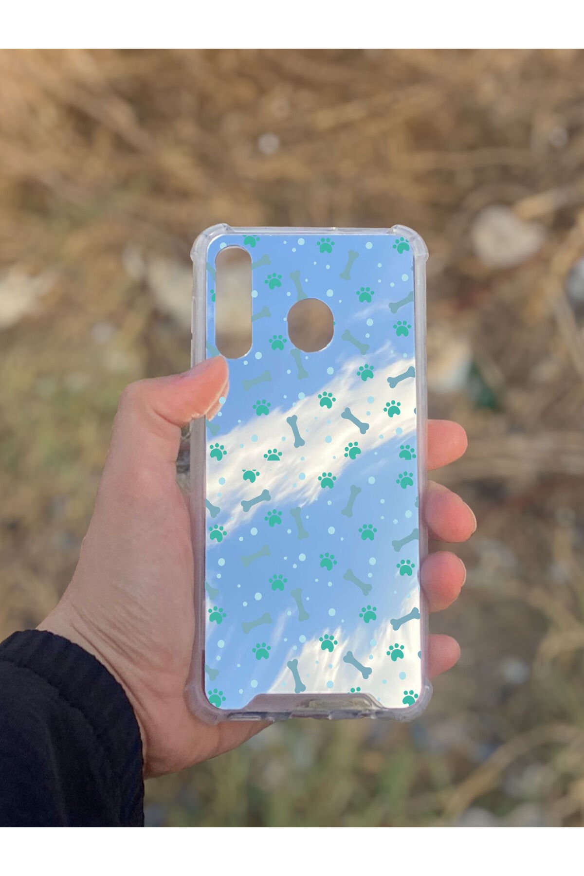 Samsung Galaxy A30 Uyumlu Aynalı Pati Kemik Desenli Darbe Kamera Korumalı Silikon Telefon Kılıfı
