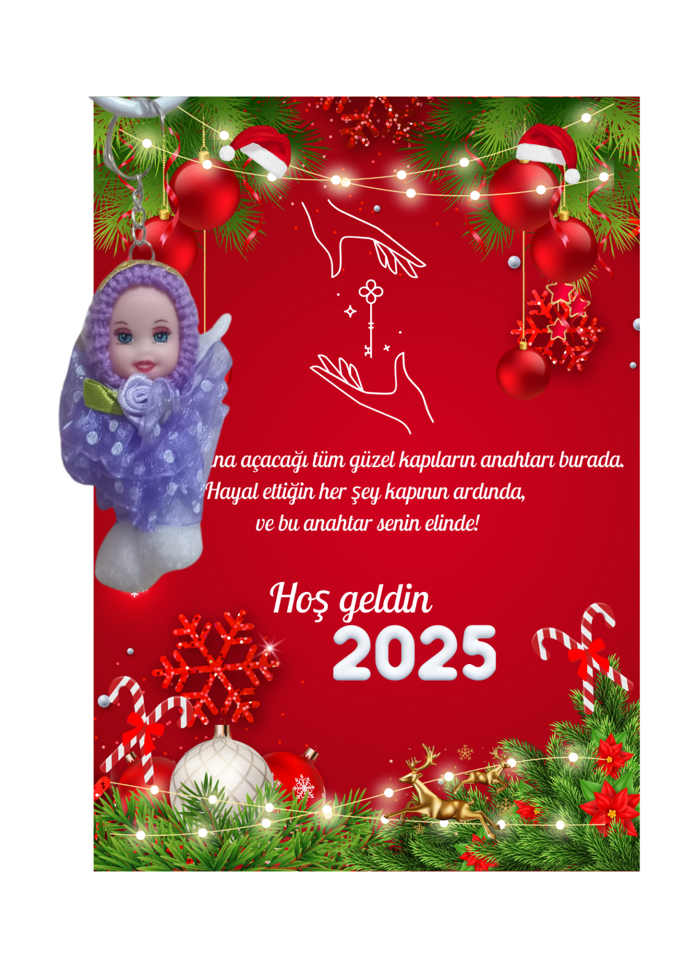 Yeni Yıl Geyik Kart Üzerinde Anahtarlık (Kişiye Özel Yazı Yazdırılabilir) Tütü Bebek