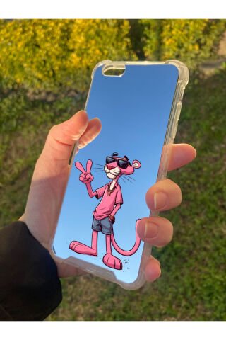 İphone 6S Plus Uyumlu Aynalı Pembe Panter Desenli Darbe Kamera Korumalı Silikon Telefon Kılıfı