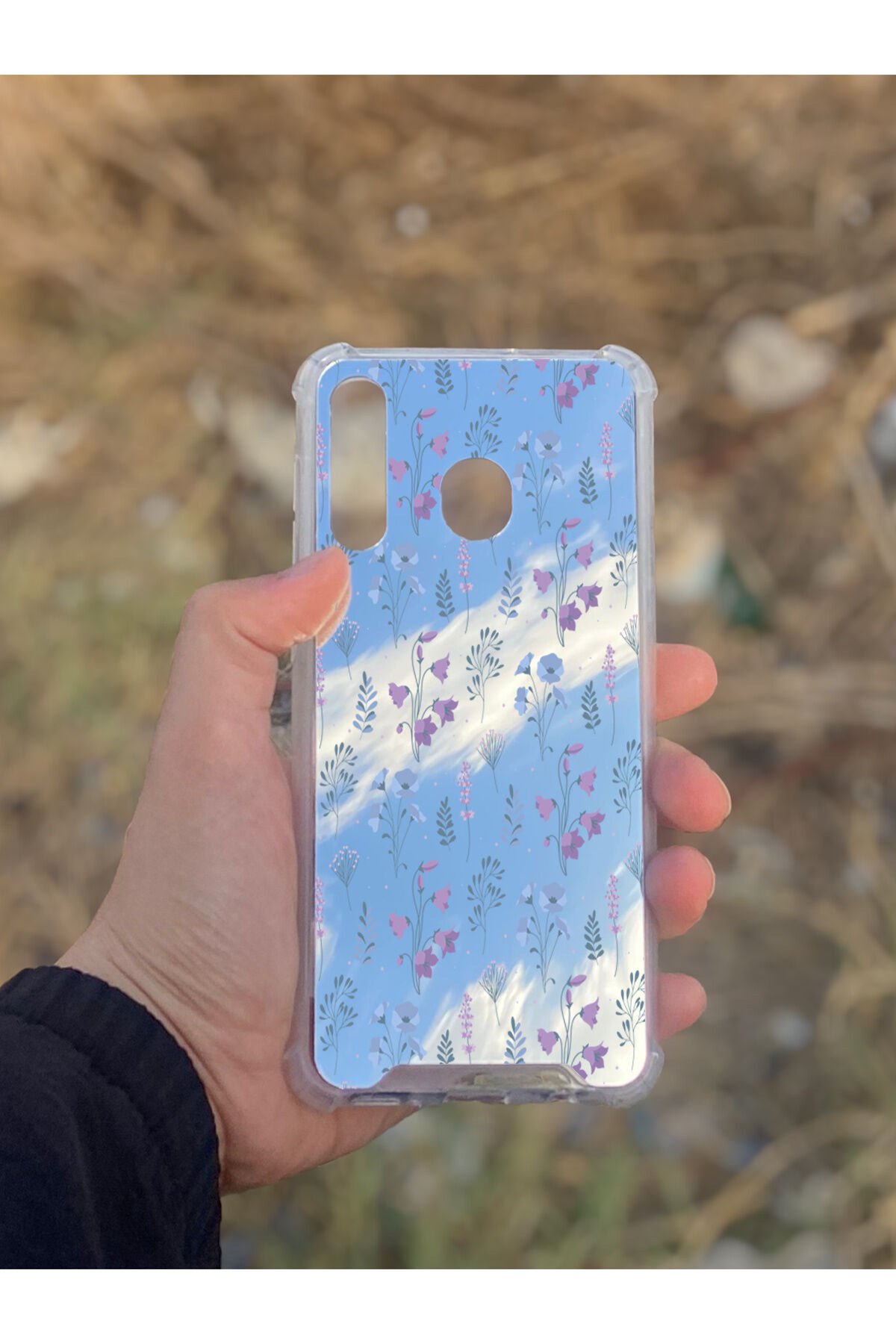 Samsung Galaxy A30 Uyumlu Aynalı Mor Çiçek Desenli Darbe Kamera Korumalı Silikon Telefon Kılıfı