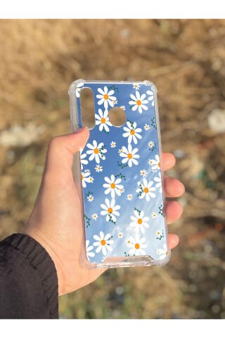 Samsung Galaxy A30 Uyumlu Aynalı Papatya Desenli Darbe Kamera Korumalı Silikon Telefon Kılıfı