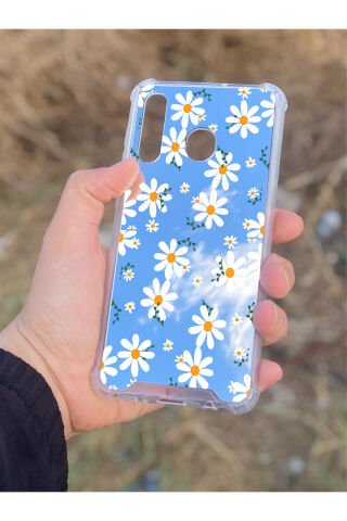 Samsung Galaxy A30 Uyumlu Aynalı Papatya Desenli Darbe Kamera Korumalı Silikon Telefon Kılıfı
