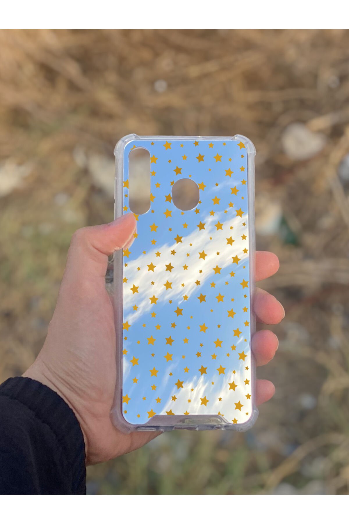 Samsung Galaxy A30 Uyumlu Aynalı Yıldız Desenli Darbe Kamera Korumalı Silikon Telefon Kılıfı