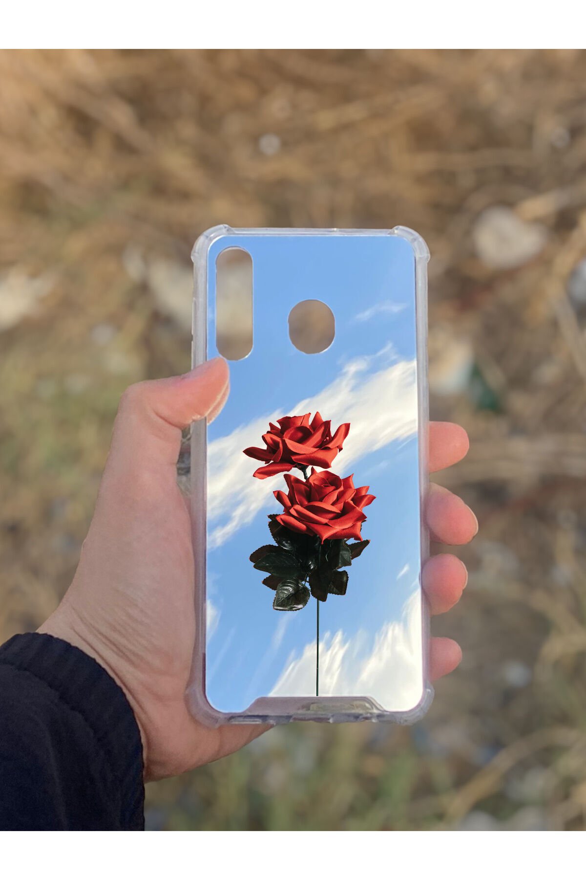 Samsung Galaxy A30 Uyumlu Aynalı Gül Desenli Darbe Kamera Korumalı Silikon Telefon Kılıfı