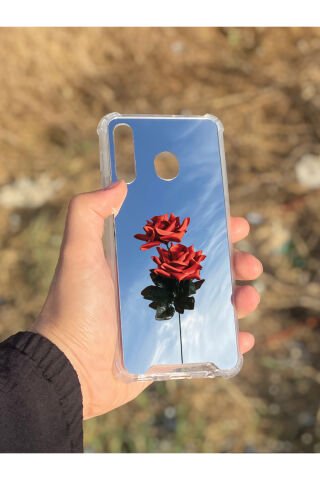 Samsung Galaxy A30 Uyumlu Aynalı Gül Desenli Darbe Kamera Korumalı Silikon Telefon Kılıfı