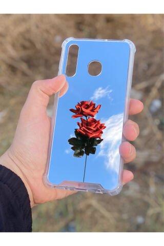 Samsung Galaxy A30 Uyumlu Aynalı Gül Desenli Darbe Kamera Korumalı Silikon Telefon Kılıfı