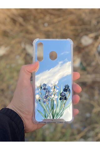 Samsung Galaxy A30 Uyumlu Aynalı Mor Beyaz Desenli Darbe Kamera Korumalı Silikon Telefon Kılıfı