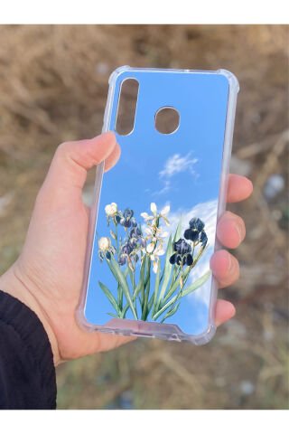 Samsung Galaxy A30 Uyumlu Aynalı Mor Beyaz Desenli Darbe Kamera Korumalı Silikon Telefon Kılıfı