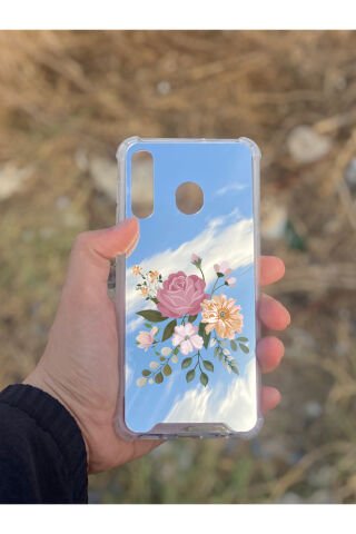 Samsung Galaxy A30 Uyumlu Aynalı Pembe Gül Desenli Darbe Kamera Korumalı Silikon Telefon Kılıfı