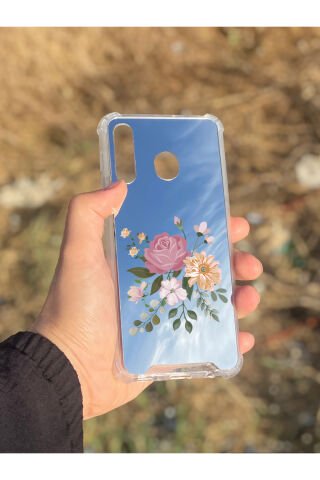 Samsung Galaxy A30 Uyumlu Aynalı Pembe Gül Desenli Darbe Kamera Korumalı Silikon Telefon Kılıfı